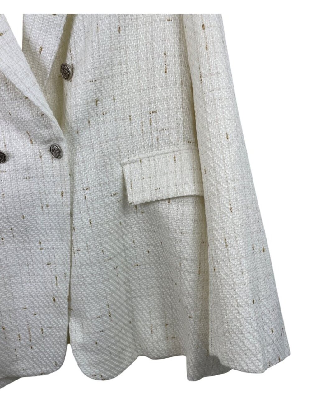 Mina Self Tweed Blazer Jacket Size XXL Ivory Gold Thread Plaid Double Breasted - Picture 4 of 12